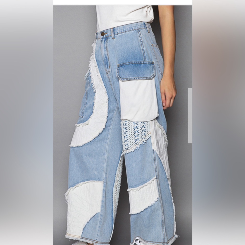 POL Women's Blue and White Patchwork Jeans